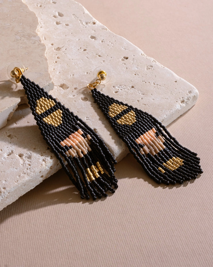 Beaded Handwoven Boho Half Moon Fringe Earrings - Black - Mango + Main