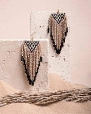 Beaded Handwoven Sonoran Triangle Fringe Earrings (Beige) - Mango + Main