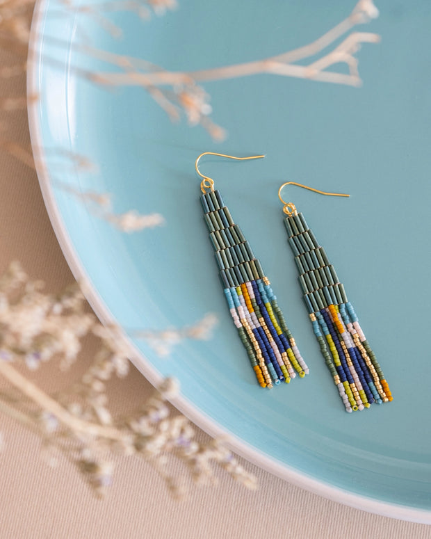 Beaded Handwoven Abstract Fringe Earrings (Emerald) - Mango + Main