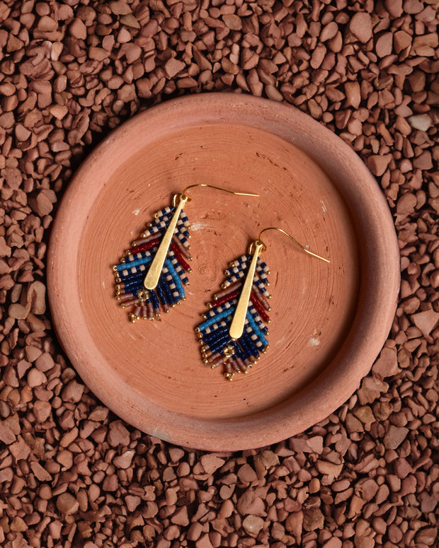 Beaded Handwoven Gilded Feather Earrings (Blue/Brown)