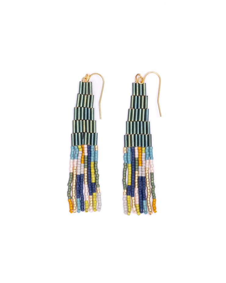 Beaded Handwoven Abstract Fringe Earrings (Emerald) - Mango + Main