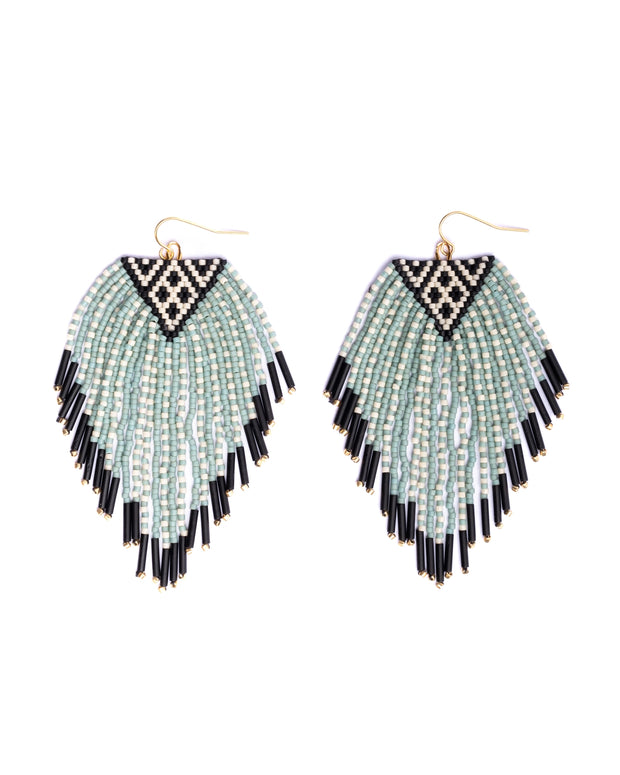 Beaded Handwoven Sonoran Triangle Fringe Earrings (Aqua)