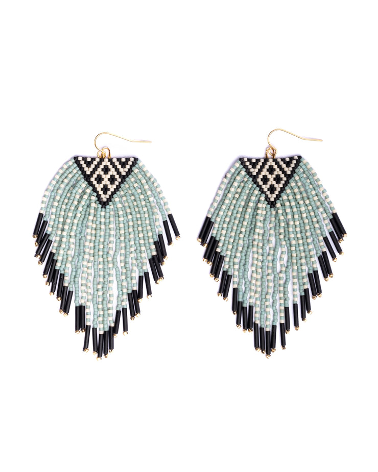 Beaded Handwoven Sonoran Triangle Fringe Earrings (Aqua)