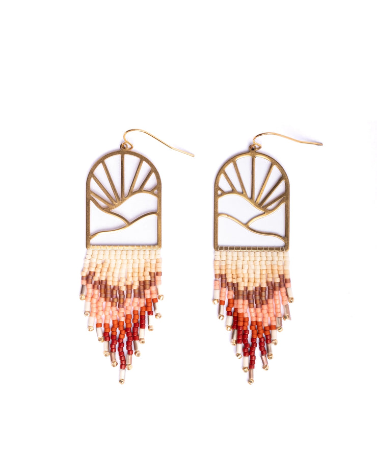 Beaded Handwoven Sedona Sunset Fringe Earrings (Rust/Salmon)