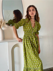 Tatiana Block Print Dress - Olive - Mango & Main