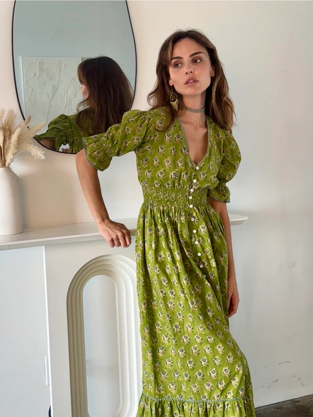 Tatiana Block Print Dress - Olive