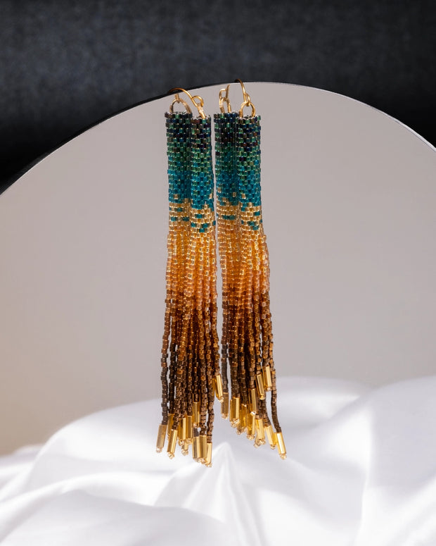 Beaded Handwoven Ombre Tassel Earrings - Green