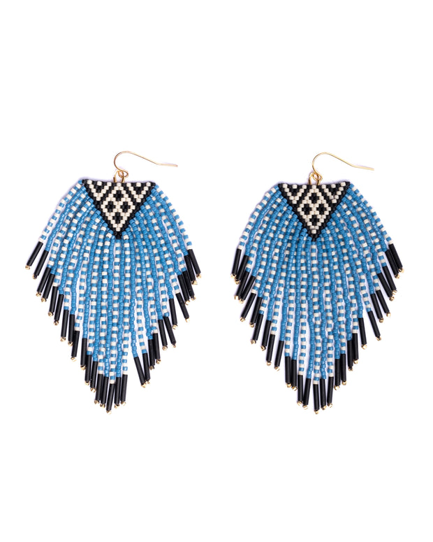 Beaded Handwoven Sonoran Triangle Fringe Earrings (Blue) - Mango + Main