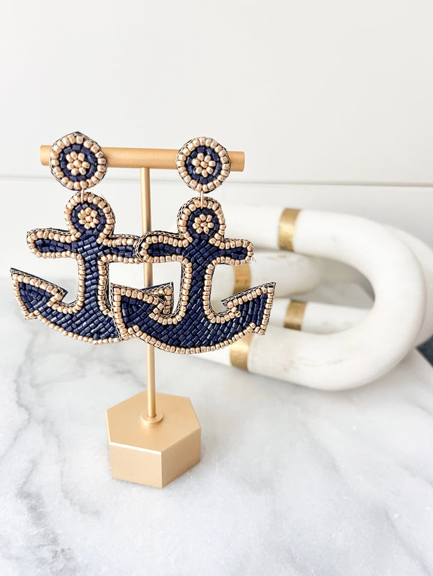 Navy & Gold Beaded Anchor Earrings