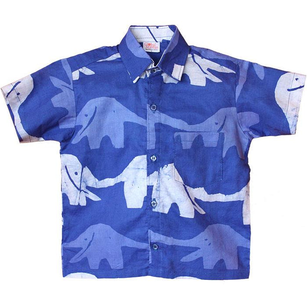 Kids Button Down Shirt - Blue Elephants