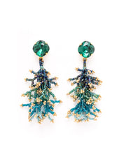 Beaded Handwoven Coral Fringe Earrings - Green