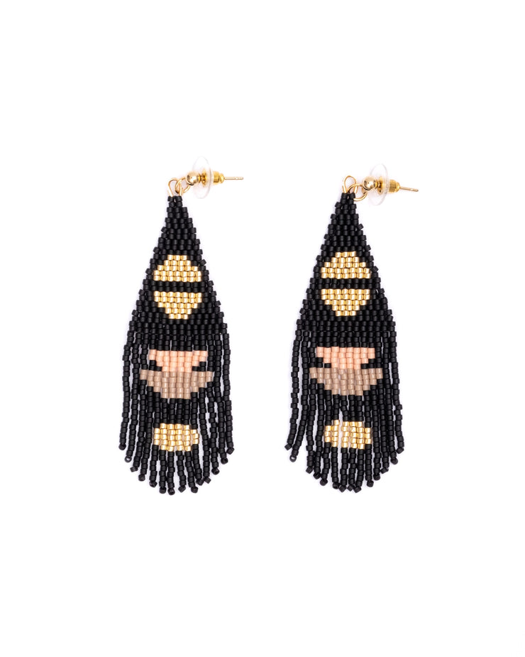 Beaded Handwoven Boho Half Moon Fringe Earrings - Black - Mango + Main