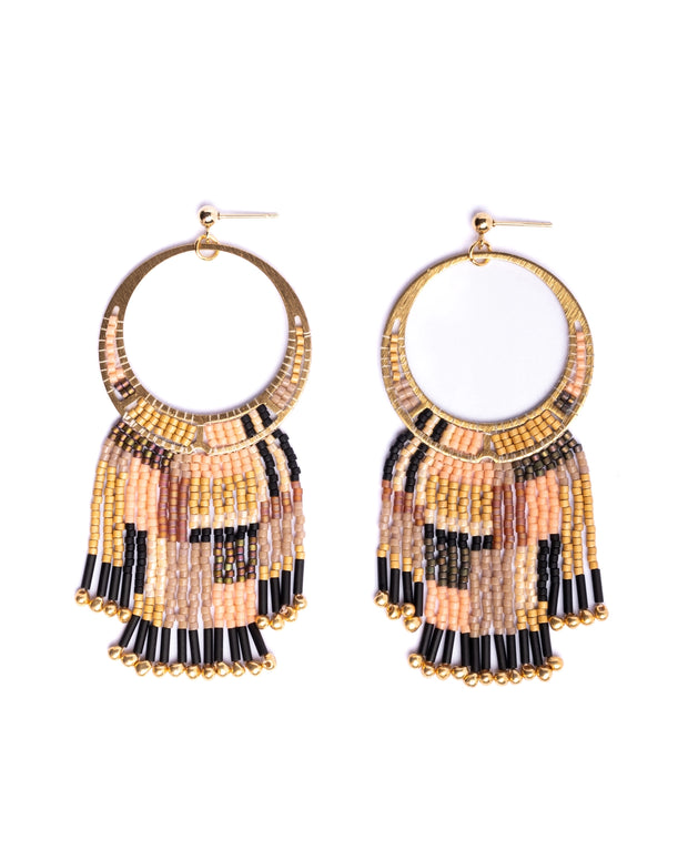 Beaded Handwoven Painted Desert Fringe Earrings (Peach/Tan)