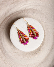 Beaded Handwoven Gilded Feather Earrings (Magenta/Orange)