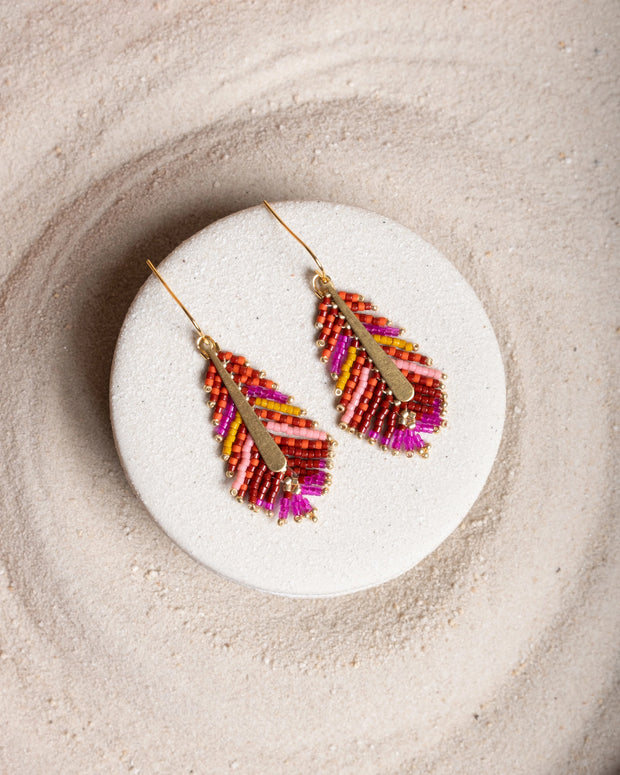 Beaded Handwoven Gilded Feather Earrings (Magenta/Orange)