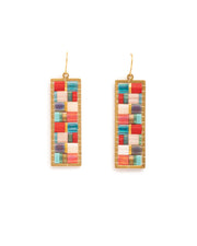 Beaded Handwoven Mosaic Tila and Brass Earrings - Aqua/Red - Mango + Main