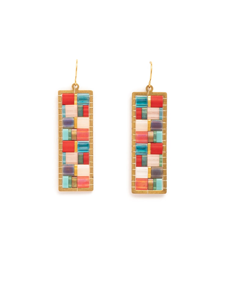 Beaded Handwoven Mosaic Tila and Brass Earrings - Aqua/Red - Mango + Main