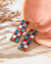 Beaded Handwoven Mosaic Tila and Brass Earrings - Aqua/Red - Mango + Main