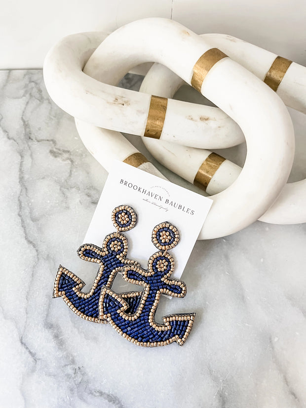 Navy & Gold Beaded Anchor Earrings