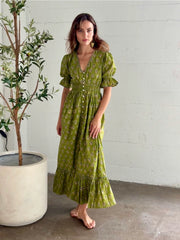 Tatiana Block Print Dress - Olive - Mango & Main