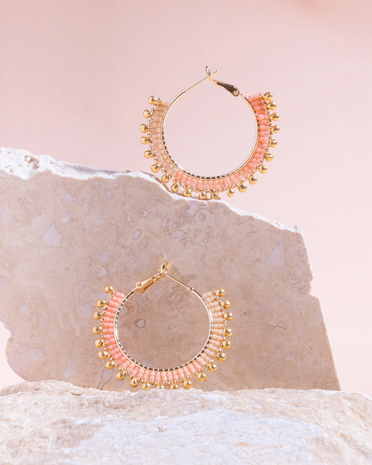 Handwoven Beaded Gold Drop Hoop Earrings - Peach - Mango + Main