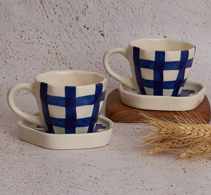 Gingham Check Cup and Saucer Set - Indigo