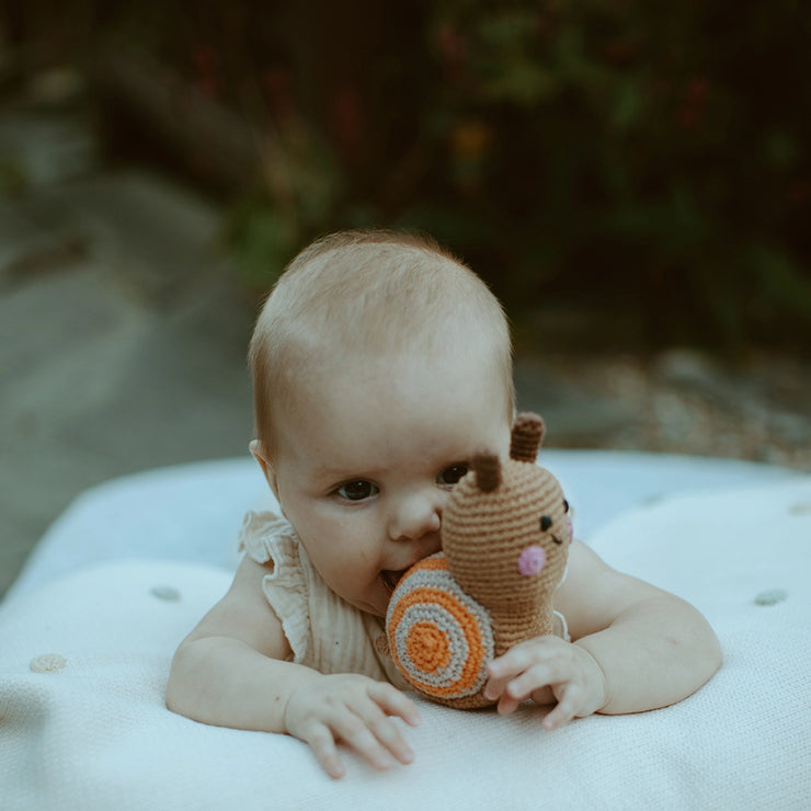 Hand Knitted Snail Rattle - Brown - Mango + Main