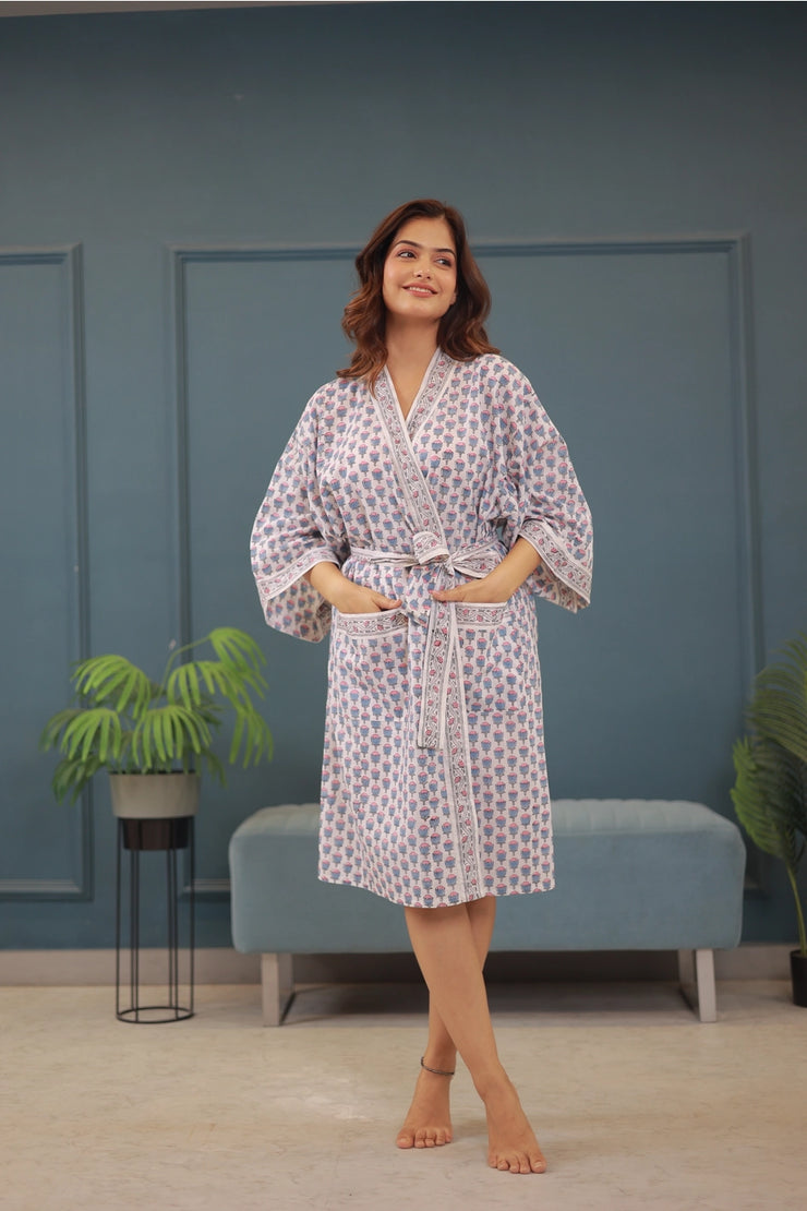 Block Print Cotton Robe - Tulip