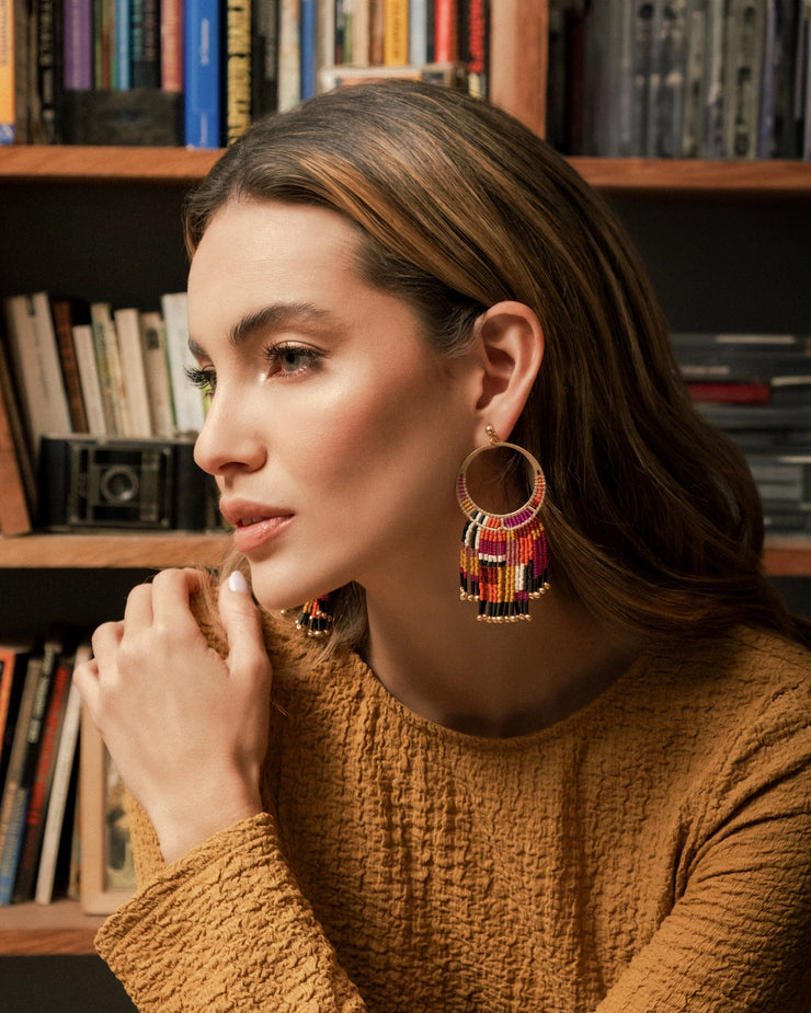 Beaded Handwoven Painted Desert Fringe Earrings (Magenta)