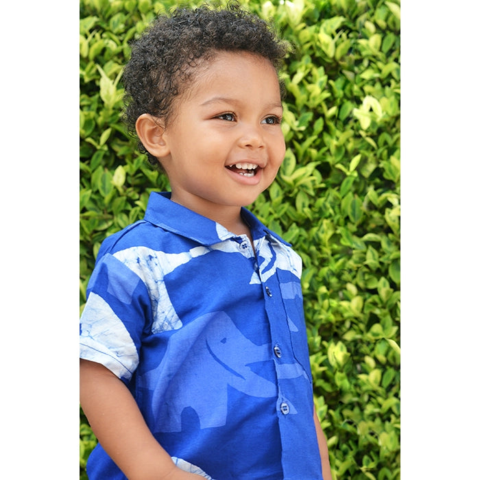 Kids Button Down Shirt - Blue Elephants
