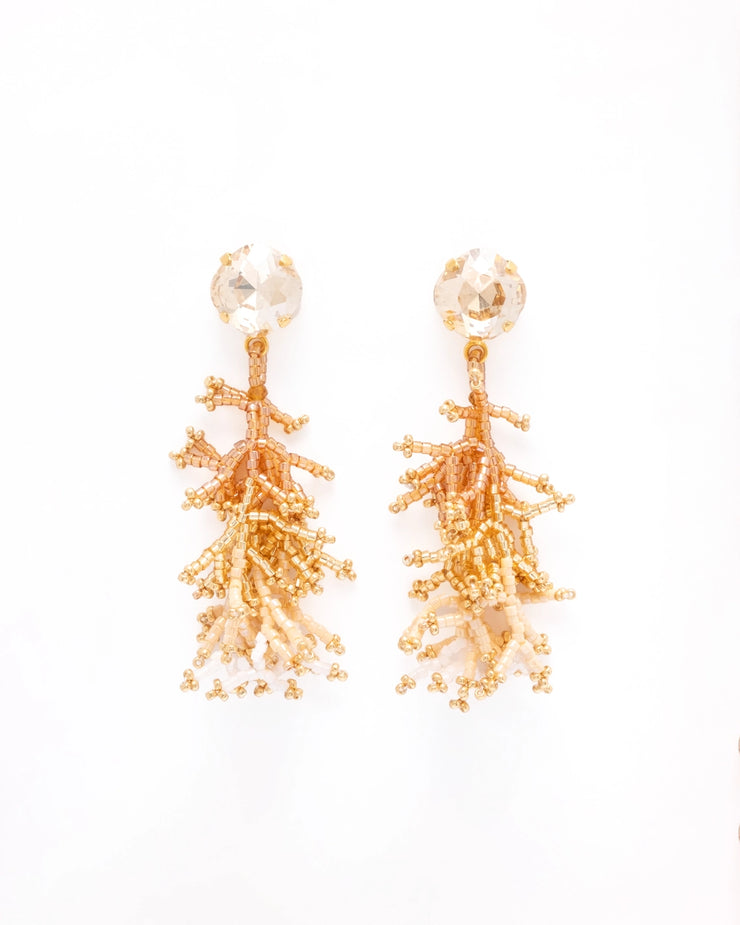 Beaded Handwoven Coral Fringe Earrings - White