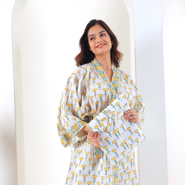 Block Print Cotton Robe - Daffodil