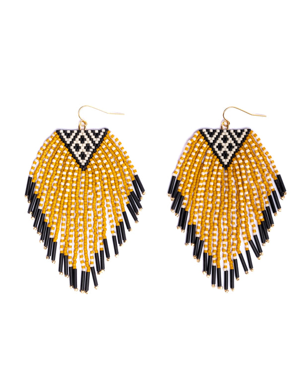 Beaded Handwoven Sonoran Triangle Fringe Earrings (Mustard)