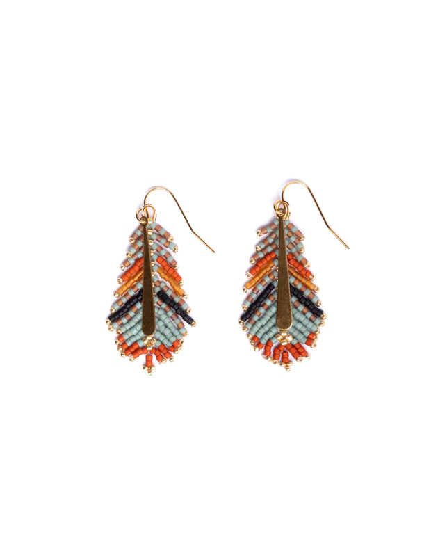 Beaded Handwoven Gilded Feather Earrings (Rust/Aqua) - Mango + Main