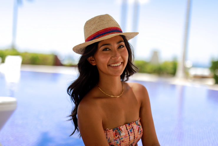 Straw Fedora - Coral & Fuschia