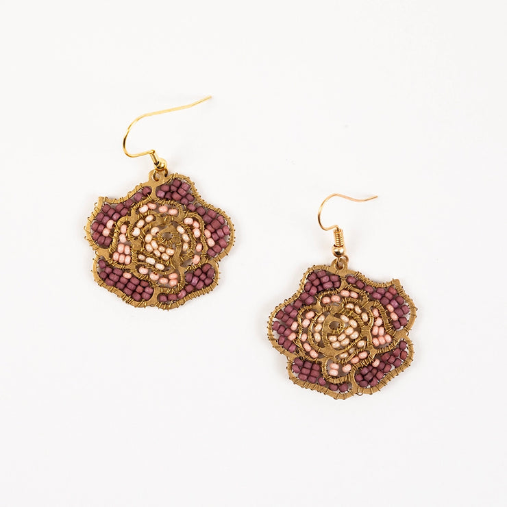 Beaded Rose Earrings - Mauve