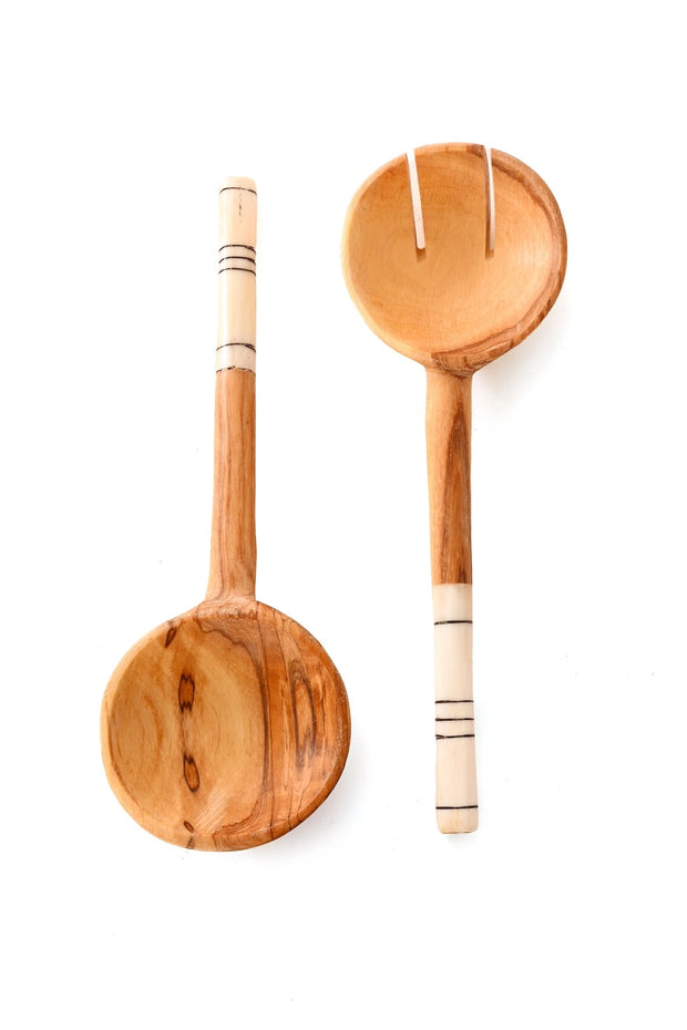 Kenyan Olive Wood Petite Etched Salad Servers - Mango + Main