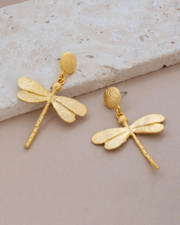 Brushed Gold Dragonfly Drop Earrings