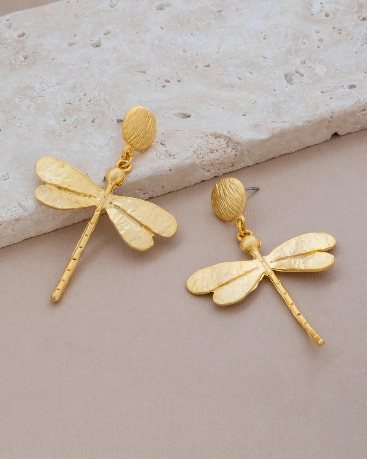 Brushed Gold Dragonfly Drop Earrings