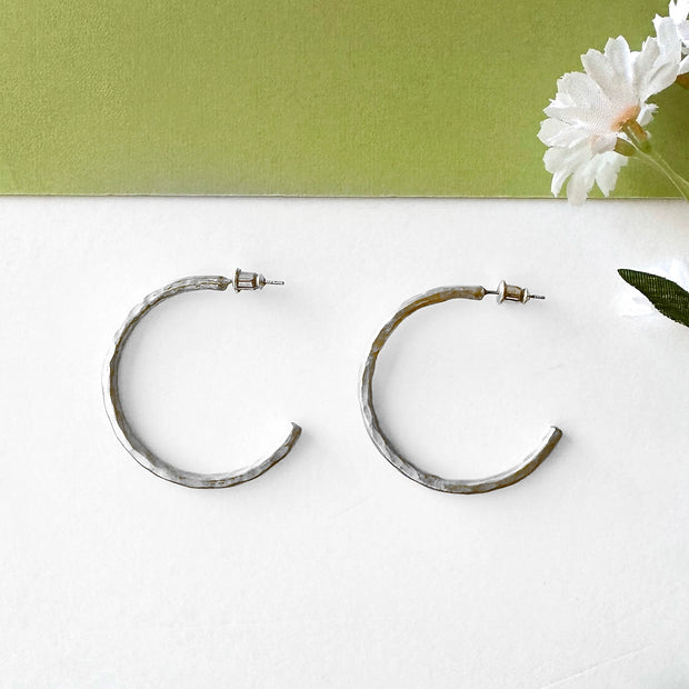 Textured Twig Hoops - Silver