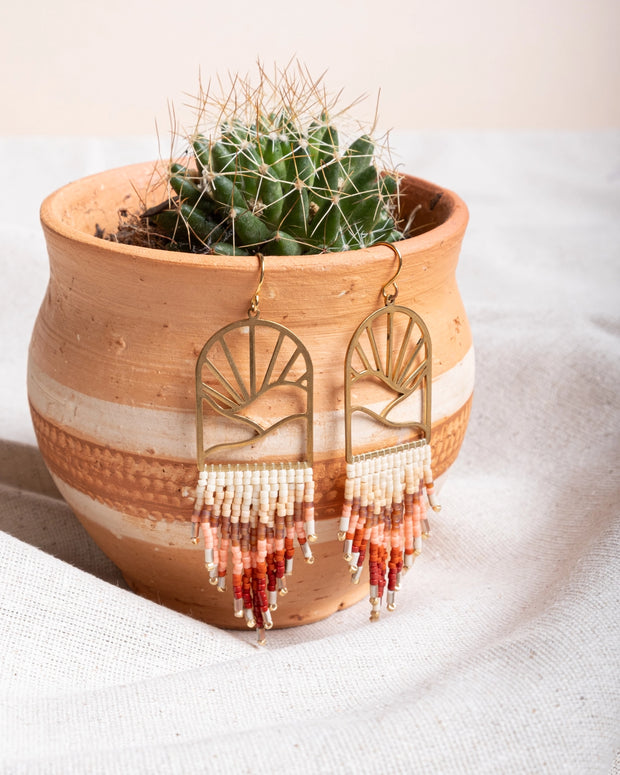 Beaded Handwoven Sedona Sunset Fringe Earrings (Rust/Salmon)