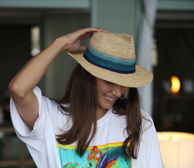 Straw Fedora - Turquoise & Blue