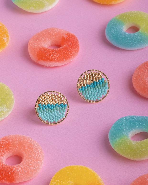 Beaded Handwoven Sweet Tart Stud Earring - Aqua