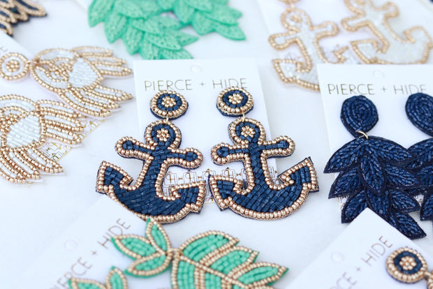 Beaded Navy Anchor Earrings