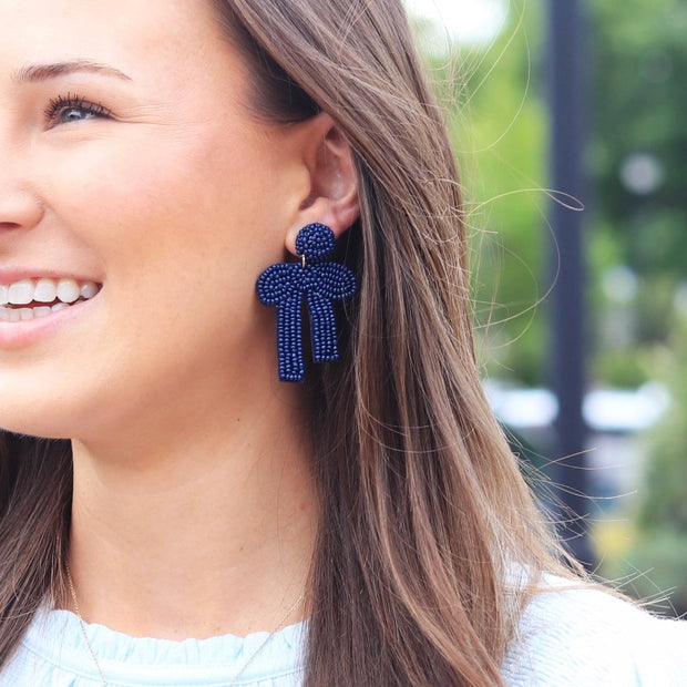 Beaded Navy Bow Earrings