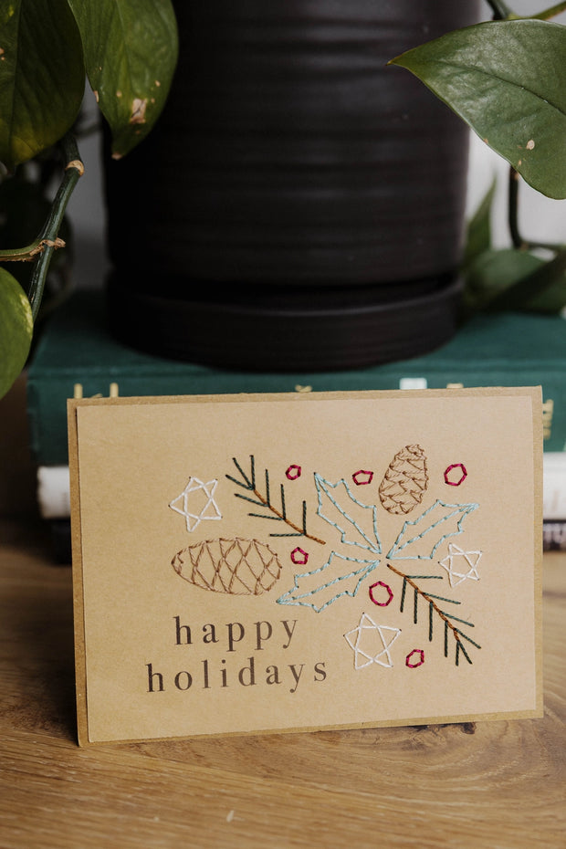 Hand-stitched Greeting Cards - Happy Holidays - set of 4