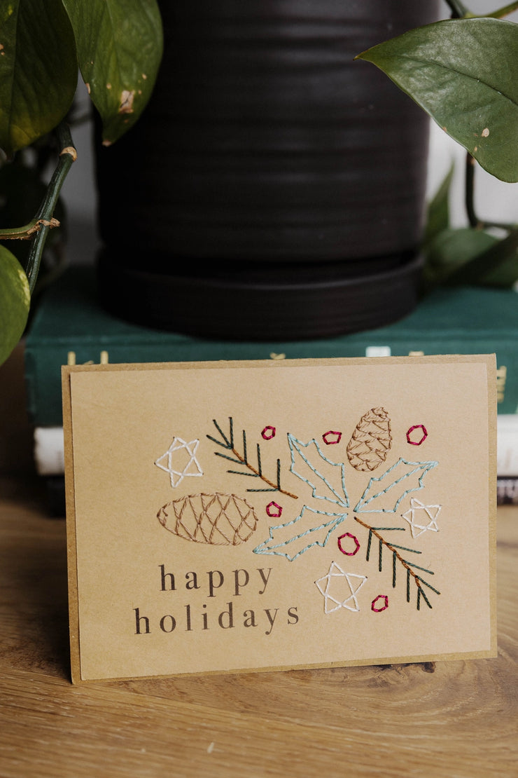 Hand-stitched Greeting Cards - Happy Holidays - set of 4