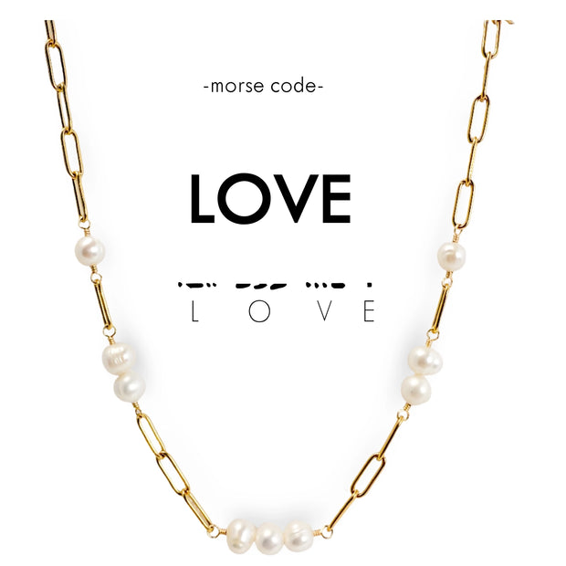 Morse Code Pearl & Gold Chain Necklace - Love