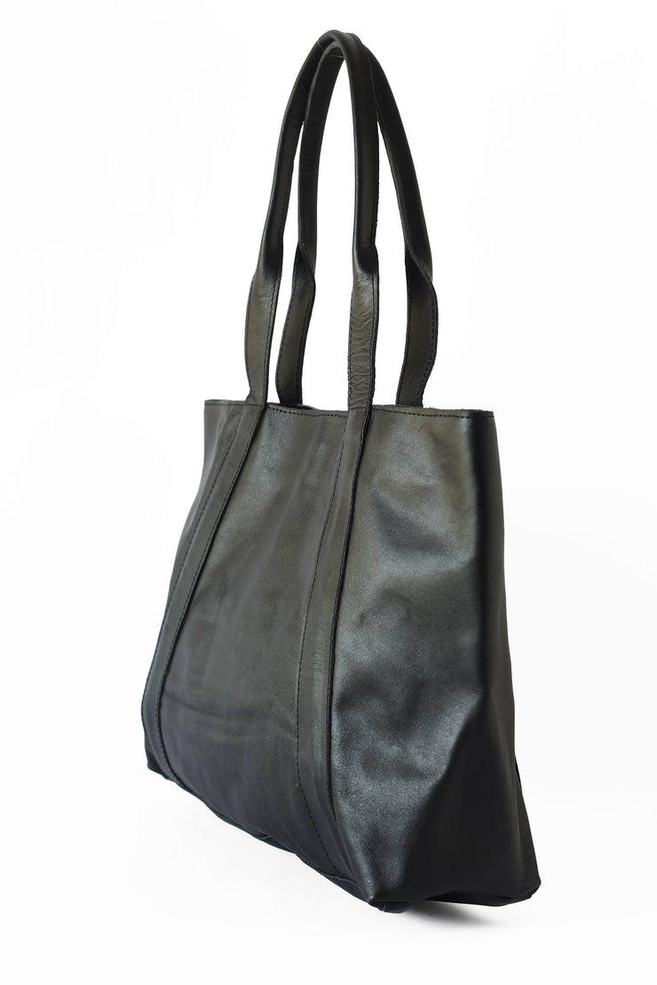 Medium Leather Shoulder Bag Tote - Black