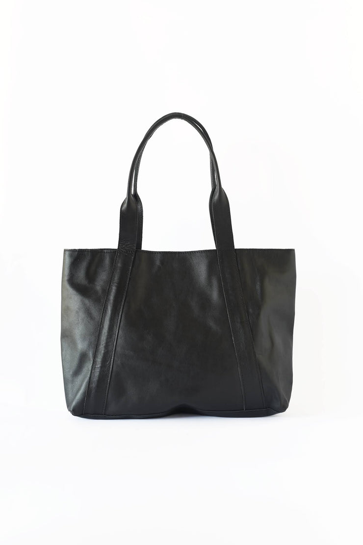 Medium Leather Shoulder Bag Tote - Black